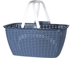 Wasmand met hengsels - blauw/wit - 26 liter - L43 x B30 x H21 cm - boodschappenmand