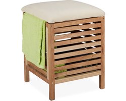 wasmand met kruk - 35 l - hout - stof - 51 x 39 x 39 cm - opbergkruk - naturel