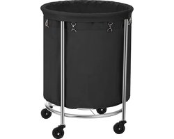 Wasmand met wielen, wasopvangbak, waswagen, rond, stalen frame, verwijderbare waszak, 4 wielen, waarvan 2 met rem, zwart-zilver RLS001B01