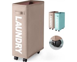 Wasmand met Wieltjes 45L Extra Smal Inklapbare Wasmand met Wielen Opvouwbare Dunne Wasmand met Handvat Praktische Opbergboxvoor Slaapkamers en Wasruimte (Khaki)