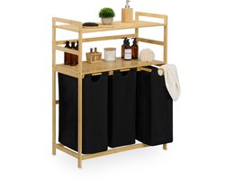 wasmand rek - 3 vakken - 2 planken - bamboe - stof - natuur-zwart