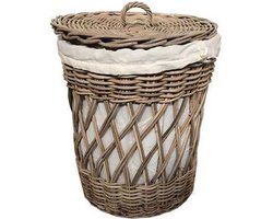 Wasmand Riet met Linnen Binnenhoes - Ø40 x H50 cm - Naturel & Wit - Landelijke Stijl - Decoshoppen.nl - Rieten wasmand maat M
