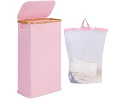 Wasmand van 60 l met deksel, smalle wasmand met afneembare en wasbare binnenzak, opvouwbare wasmand voor slaapkamer, wasruimte en badkamer (roze)