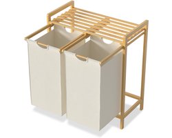 Wasmand van Oxford-weefsel, 2 x 36 liter, 2 vakken, afneembare wasverzamelaar met plank en bamboeframe, waszak, uittrekbaar, efficiënte wasopslag voor bijkeuken, beige NAIZY