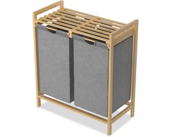 Wasmand van Oxford-weefsel, 2 x 36 liter, 2 vakken, afneembare wasverzamelaar met plank en bamboeframe, waszak, uittrekbaar, efficiënte wasopslag voor bijkeuken, grijs NAIZY