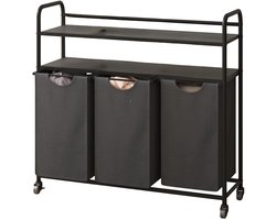 Wasmand – Voor Badkamer & Wasruimte – 3 Compartimenten (3×46L) met 2 Planken, Uitschuifbare Waszak – Grijs
