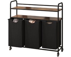 Wasmand – Voor Badkamer & Wasruimte – 3 Compartimenten (3×46L) met 2 Planken, Uitschuifbare Waszak – Zwart