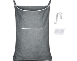 Wasmand voor boven de deur, waszak om op te hangen, mand voor badkamer, kast, ruimtebesparende opslag, hangend met 2 roestvrijstalen haken en 2 stuks zuignappen, 89 x 56 cm, grijs
