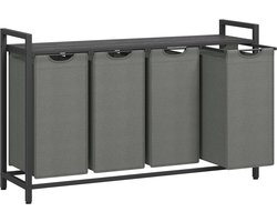 Wasmand, vuilewasmand met 4 uittrekbare en afneembare waszakken en 1 opbergplank, 4 x 40L grote opslagcapaciteit, stevig en duurzaam metalen frame, geschikt voor slaapkamer, badkamer en wasruimte, 116 x 33 x 72 cm zwart+grijs