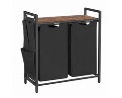 Wasmand Wasgoedmand 71,3 x 33 x 72 cm Zwart 2 vakken van 46 L Met uittrekbare en afneembare binnenzakken, zijvak en roosterplank Stevig metalen frame Gemakkelijk te monteren en reinigen Geschikt voor wasruimte, badkamer en slaapkamer