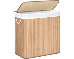 Wasmand, Wasmand Met Deksel, Wassorteerder Van Bamboe, Met Handgrepen, 3 Vakken, Opvouwbaar, Katoen, Waszak Ä°n De Machine Wasbaar, Natuurlijke Kleuren