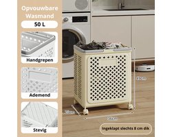 Wasmand - Wasmand opvouwbaar - 28x36x49 cm - 50 L - Met wielen - Met handgrepen - Ademend - Beige