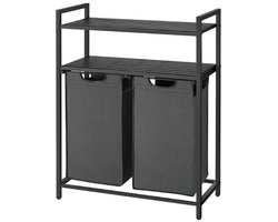 Wasmand Wasverdeelsysteem 73x33x91 cm Met 2 Uittrekbare En Afneembare Zakken 46 Liter Per Zak Zwart Grijs Dubbele Opbergrek Met Planken Opbergorganizer Badkamer Wasruimte