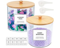 Wasmiddelcontainer 4500 ml, wasorganizer van acryl - 2,4 l kraantype, vloeibaar wasmiddel met bamboe deksel, waspoeder opbergdoos van papier met etiket, lepel