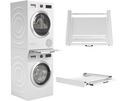 Wasophoogte® Tussenstuk wasmachine droger - Stapelkit wasmachine droger - Tussenkader met droogrek en plateau - Geschikt voor elk type - Wit