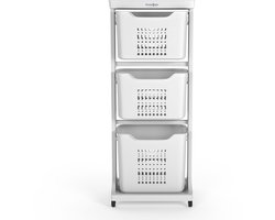 Wasophoogte Wasmand 3 vakken - Wit - Wassorteerder 3 vakken - Laundry basket met wieltjes - wasbox