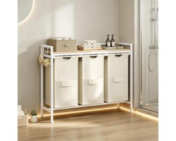 Wassorteerder met drie verwijderbare opvangzakken, metalen frame en houten bovenblad, licht eiken en wit voor badkamer en slaapkamer