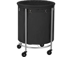 Wassorteerder, wasmand met wielen, 170 liter wasverzamelaar, rond, stalen frame, afneembare waszak, 4 wielen, 2 daarvan met remmen, zwart-zilver RLS001B01