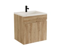 wastafel in de badkamer - Houten kast met wastafel - Badkamermeubel met afvoer - Verstelbare opbergplank met drie niveaus - Kast met soft-close deuren - Wastafelmeubel met wastafel, geschikt voor kleine ruimtes en badkamers (kraan niet inbegrepen)