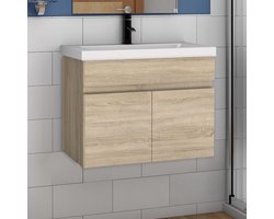 Wastafel met badmeubel 60 cm Badkamermeubelset met kunstmarmer wastafel, gastentoilet, eiken mat