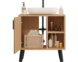 Wastafel Onderkast - Badkamer Kastje Onder Wastafel - Waterafstotend - RVS Scharnieren - Hout - Zwarte Pootjes - 1 Deur - Plankjes - 60.5 CM Hoog - 60 CM Breed