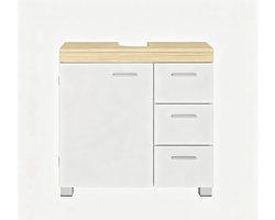 Wastafelkast 30 x 70 x 64 cm Wit + Naturel, Badkamer Onderkast met 3 Laden en 1 Deur, Verstelbare Plank, MDF Opbergkast voor Wastafel, Ruime Opbergruimte voor Handdoeken en Badkamerbenodigdheden
