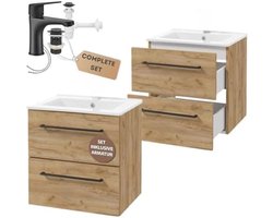 Wastafelmeubel 50 cm Breed met Onderkast, Set met 2 Lades en Zwarte Kranen