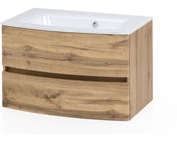 Wastafelmeubel Kornel 80cm witte wastafel - eik - Held - Wastafelmeubels zwevend - Wit; Bruin - Spaanplaat - Wastafelmeubels zwevend - Op voorraad
