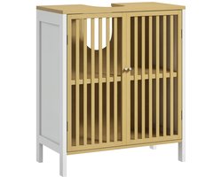 Wastafelmeubel met 2 deuren en verstelbare plank, opbergkast voor wastafel, 60 x 30 x 70 cm, MDF en bamboe