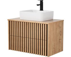 Wastafelmeubel – Wastafelkast – Badkamermeubel – Wandmeubel – Gastenbadkamermeubel – 81 cm Breed – Keramische Waskom – Soft-Close Lades – Ruimtebesparend – Natuurlijke Houtlook