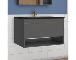 Wastafelonderbouw met onderkast 80 cm stenen badkamermeubelset met keramische wastafel, donkergrijs mat