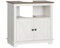 Wastafelonderkast - Badkamer – 60 x 30 x 60 cm – Wit/Houtlook – Met 2 Deuren en U-vormige Uitsparing voor Sifon
