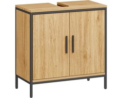 Wastafelonderkast, Onderkast Met 2 Deuren, Verstelbaar Rek, 60x30x60 Cm Badkamerkast Met Stalen Frame, Voor Wastafels Zonder Voet, Eiken