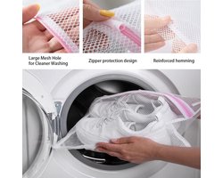 Waszak Wasmachine - 40 x 30 cm - 2 stuks - Wasnet Reizen - Laundry Bag - Waszak met Rits - Wit met Roze Rits