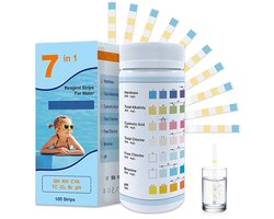 Water Teststrips voor Drinkwater – 7-in-1 Teststrips voor waterkwaliteit – Test op hardheid, totale alkaliteit, cyanuurzuur, totaal chloor, vrij chloor, broom en pH – pH-teststrips geschikt voor zwembaden, spa's en bubbelbaden – 100 strips - Wit