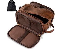 Waterbestendige lederen toilettas voor mannen grote reistas scheren Dopp Kit Badkamer Gym Toiletten Make-up Organizer met gratis natte droge tas (Donker bruin, 30,5 x 17 x 18 cm)