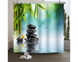 Waterdicht Douchegordijn 90x180cm – Groen Bamboe & Zwarte Steen Bloem Design
