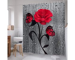 Waterdicht douchegordijn SC018, grote rode bloem en vlinder, zwarte bloementak, gesimuleerd metaal, grijs glas, raamdecoratie voor badkamer, 180 x 180 cm