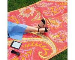 Waterdicht outdoor tapijt 180 x 120 cm - roze en geel paisley-print voor tuin en terras