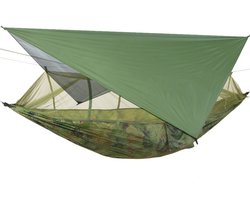 Waterdichte anti-muggennet hangmat met zonnescherm, hangmat voor kamperen in de buitenlucht, gewone camouflage klamboe + militairgroene luifel