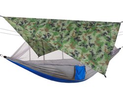 Waterdichte anti-muggennet hangmat met zonnescherm, hangmat voor kamperen in de buitenlucht, gewone grijze en koningsblauwe klamboe + camouflage luifel