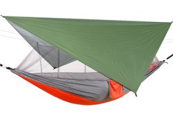 Waterdichte anti-muggennet hangmat met zonnescherm, kampeerhangmat met schommel, gewoon grijs en oranje klamboe + militairgroen luifel