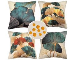 Waterdichte kussensloop set van 4 stuks 45 x 45 cm - Turquoise goud ginkgo design - Landelijke stijl - Linnen - Decoratief kussen - Sierkussen voor buiten