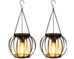 Waterdichte, op zonne-energie werkende hanglamp van metaal, geschikt voor gebruik buitenshuis op binnenplaatsen, terrassen, paden, veranda's en in tuinen. Set van 2 stuks.