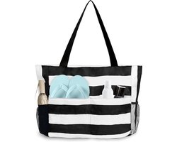 Waterdichte Strandtas - Vakken - Veelzijdige strandtas - Totebag - Opvouwbare - Waterdichte tas voor strand, reizen, zwembad, sportschool - 43x15x38cm - Zwart wit