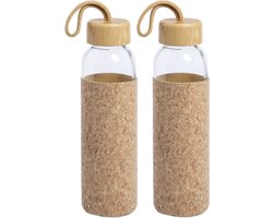 Waterfles/drinkfles met kurk bescherm hoes - 2x - glas - 500 ml - Sportfles - Bidon - afsluitbare draai dop