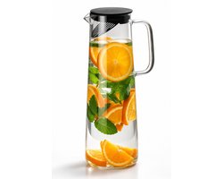Waterkan van Glas met Deksel & Filter - Waterkaraf 1,4L - Karaf - Hittebestendig - Vaatwasserbestendig - Zwart / Transparant