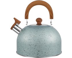 Waterketel Roestvrij Staal - Theeketel met Fluit - Snel Water Koken - Houten Handvat Geïsoleerd - 3 Liter Inhoud - Blauw