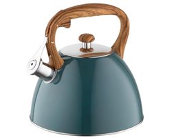 Waterkoker 2,5 L - Fluitketel RVS met Houten Handvat - Geschikt voor Inductie, Gas en Elektrisch - Donkergroen Mat