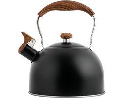 Waterkoker - Fluitketel 2.5L - Houtlook Anti-Heet Handvat - Fluitend bij Kookpunt - Zwart Pieper - Geschikt voor Gas & Inductie